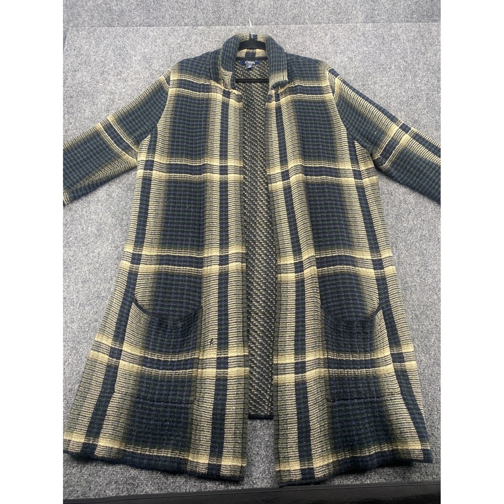 Chaps Plaid Open Front Cardigan Sweater Duster Womens XL Blue Green Knit Pockets - Picture 2 of 8